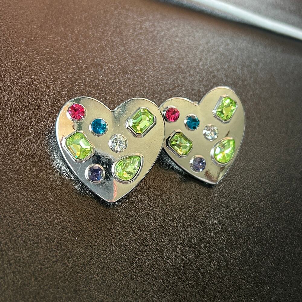 Silver oversized Y2K Multi-Color Rhinestone Heart Stud Statement Earrings